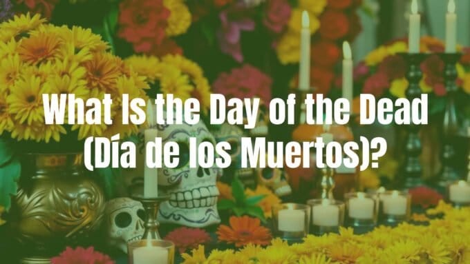 Colorful Día de los Muertos altar with marigolds, sugar skulls, and candles, vibrant and festive, traditional Mexican style.