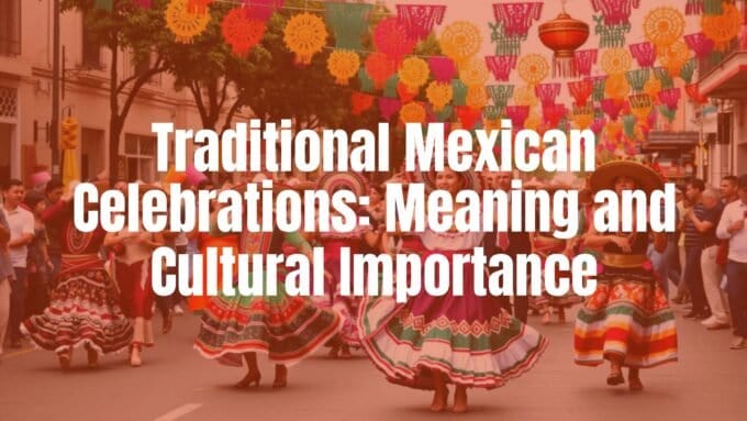 Colorful Mexican fiesta with dancers in traditional costumes, mariachi music, papel picado decorations, vibrant street celebration, festive atmosphere, realistic.