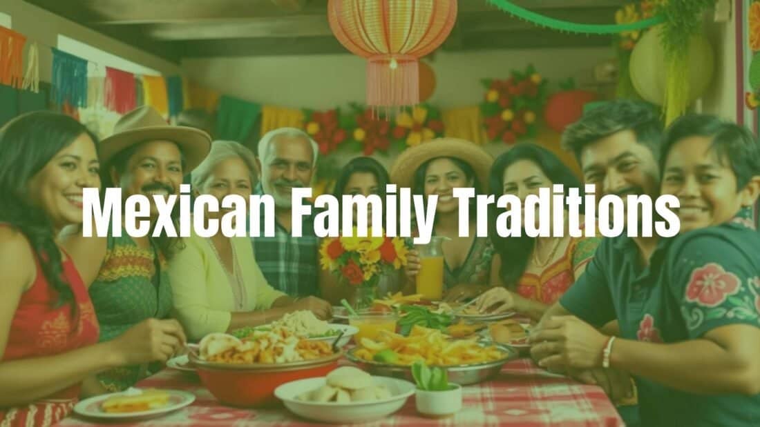 A vibrant Mexican family gathering, colorful decorations, traditional food, smiling faces, warm and festive atmosphere, realistic.