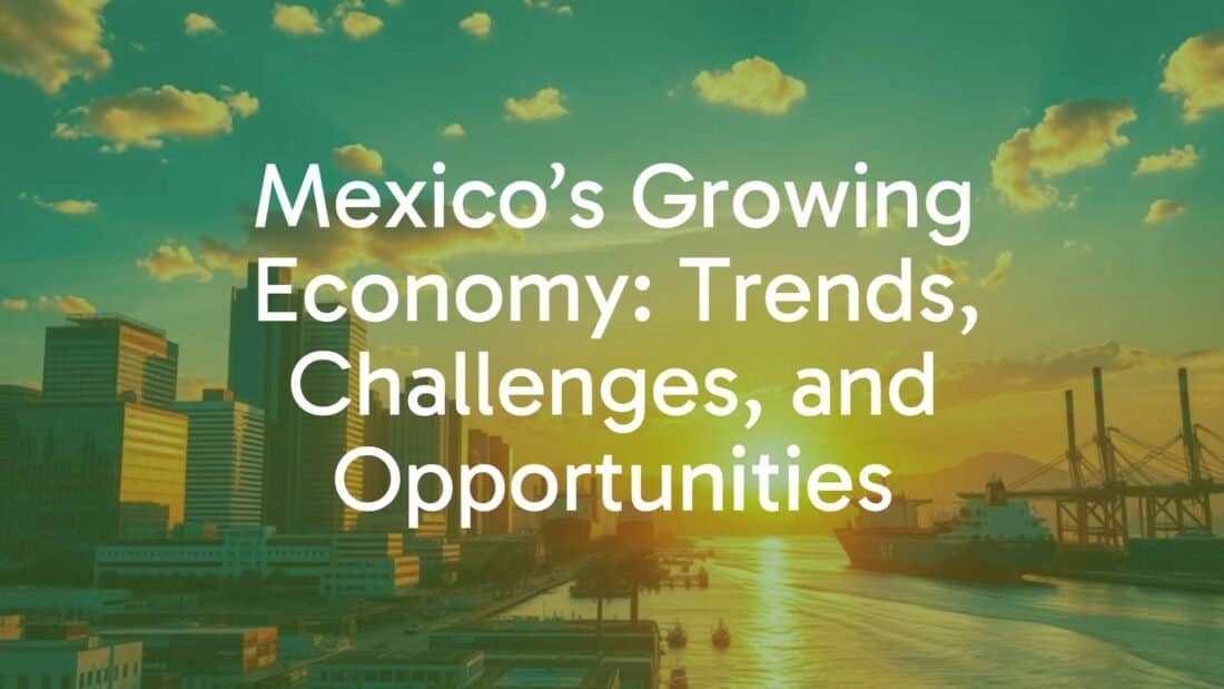 Vibrant Mexican city skyline with modern buildings, bustling factories, and trade ships in the distance, golden sunset, economic growth theme, realistic.