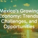 Vibrant Mexican city skyline with modern buildings, bustling factories, and trade ships in the distance, golden sunset, economic growth theme, realistic.